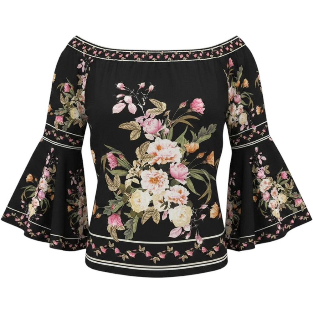 City Chic Black Floral Scarf Sleeve Off Shoulder Top Womens 16 Boho Romantic Fem